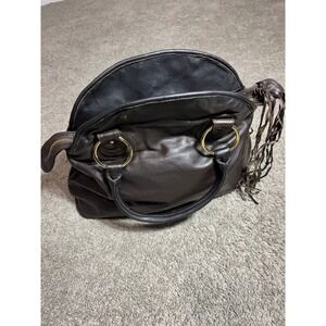Bulga Dark Brown Leather Satchel Handbag Gold Ring Hardware Tassel Fringe Boho